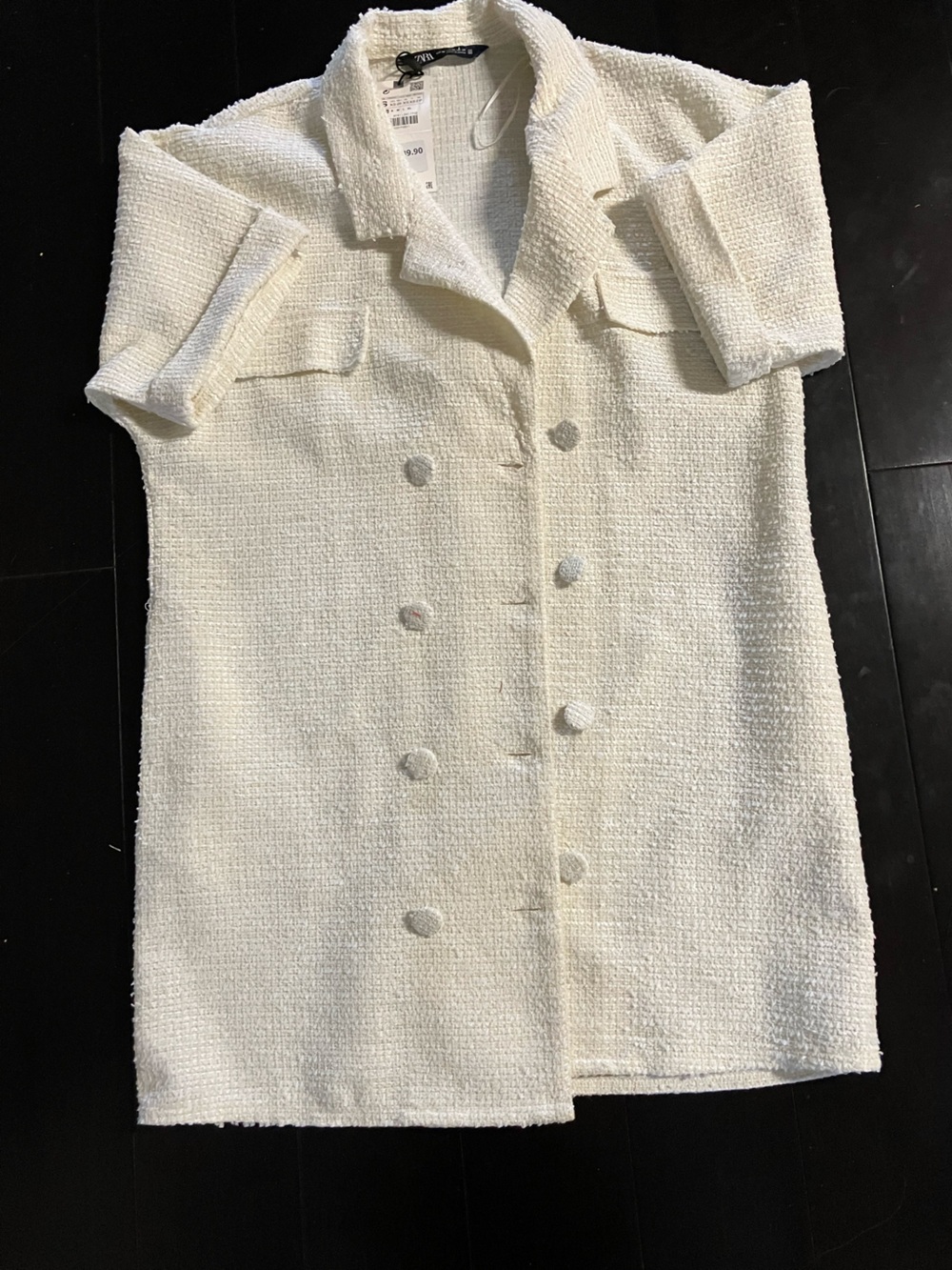 Zara Cream Bouclé Short-Sleeve Dress with Fabric Buttons